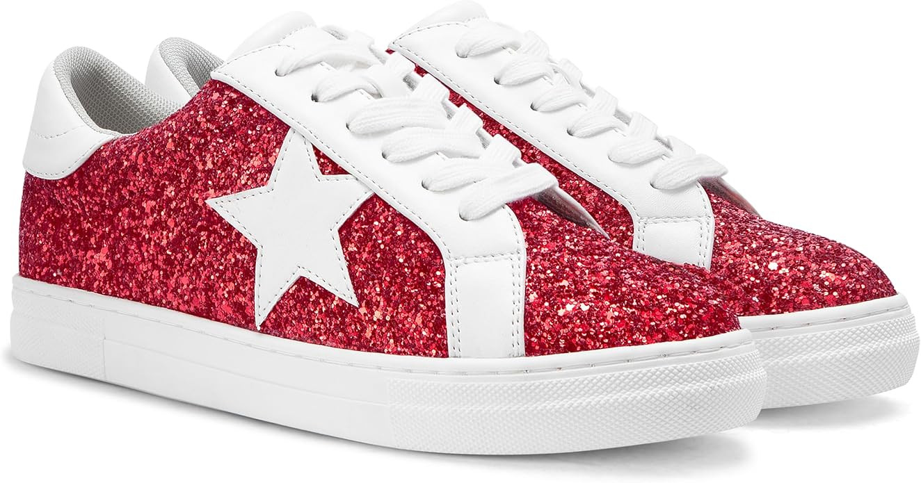 PARTY Women's Glitter Fashion Star Sneakers Low Top Platform Lace Up Comfortable Wedding Walking ... | Amazon (US)