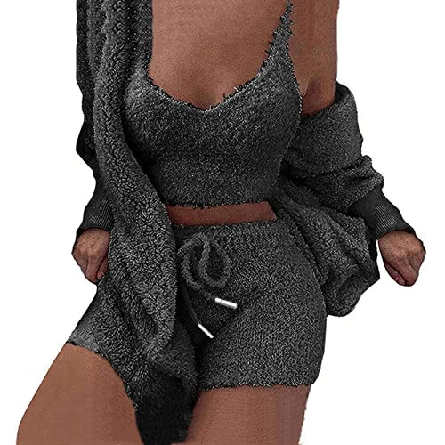 HRESSLBD Womens Sexy 3 Piece Pajama Outfit Fuzzy Fleece Warm Coat Jacket Outwear Spaghetti Strap Crop Top Shorts Set, Women's 3 Piece Warm Fuzzy Outfit Pajamas (Dark Gray, M) | Amazon (US)