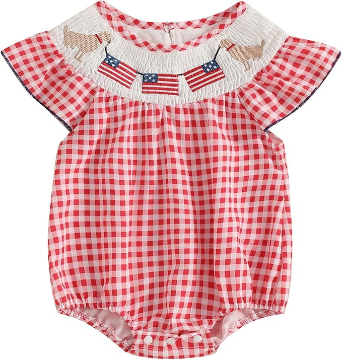 Toddler Baby Girls 4th of July Romper Cute Fly Sleeve Bubble Bodysuit Infant Flag Embroidery Summ... | Amazon (US)