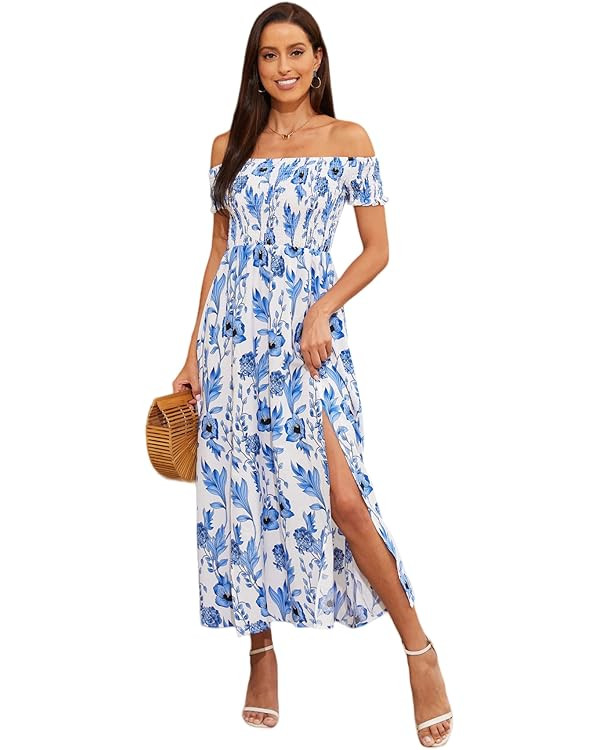 Floerns Women's Boho Floral Print Off Shoulder Split Long A Line Dress | Amazon (US)