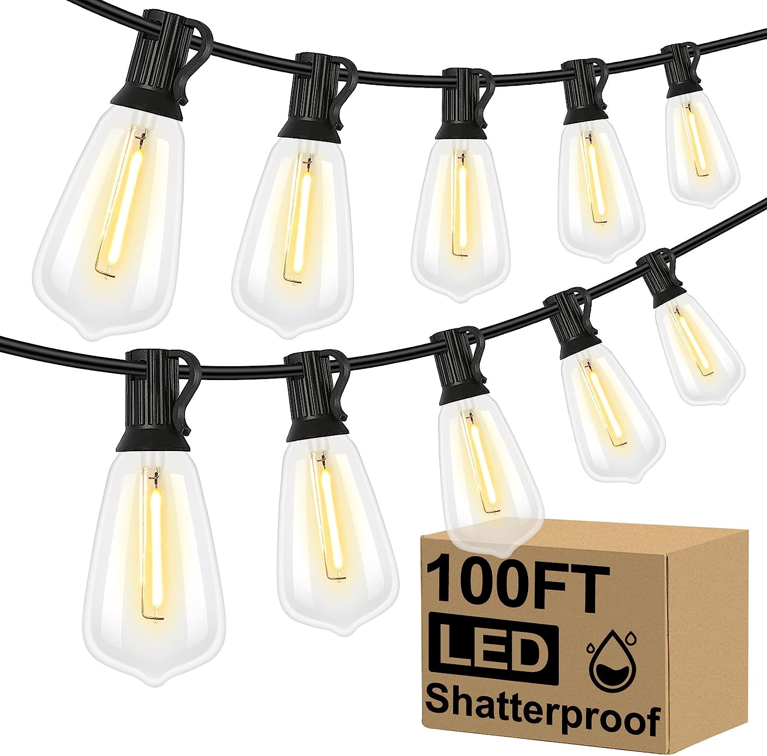 Brightever LED Outdoor String Lights 100FT Patio Lights with 52 Shatterproof ST38 Vintage Edison ... | Amazon (US)