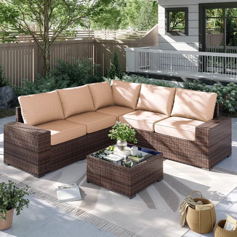6 Pieces Outdoor Patio Furniture Set, With Cushions And Glass Coffee Table, Pe Rattan Outdoor Wic... | Wayfair North America