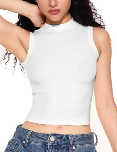 PATTERN HOUR Women's Ribbed Crop Tops, Sleeveless Mock Neck Tank Tops for Summer Clothes White, Large | Amazon (US)