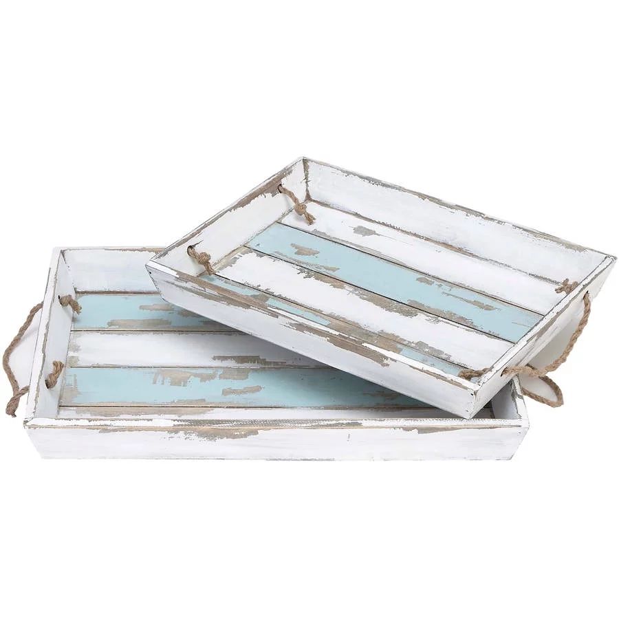 Decmode - Aqua and White Wood Serving Trays with Rope Handles, Set of 2: 18" x 13", 15" x 11" | Walmart (US)
