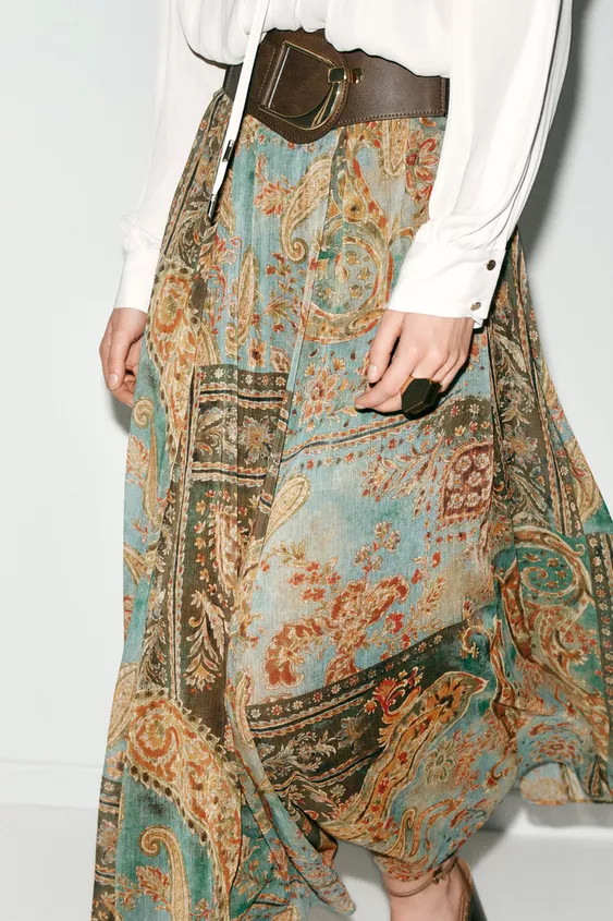 PRINTED MIDI SKIRT WITH BELT | Zara US