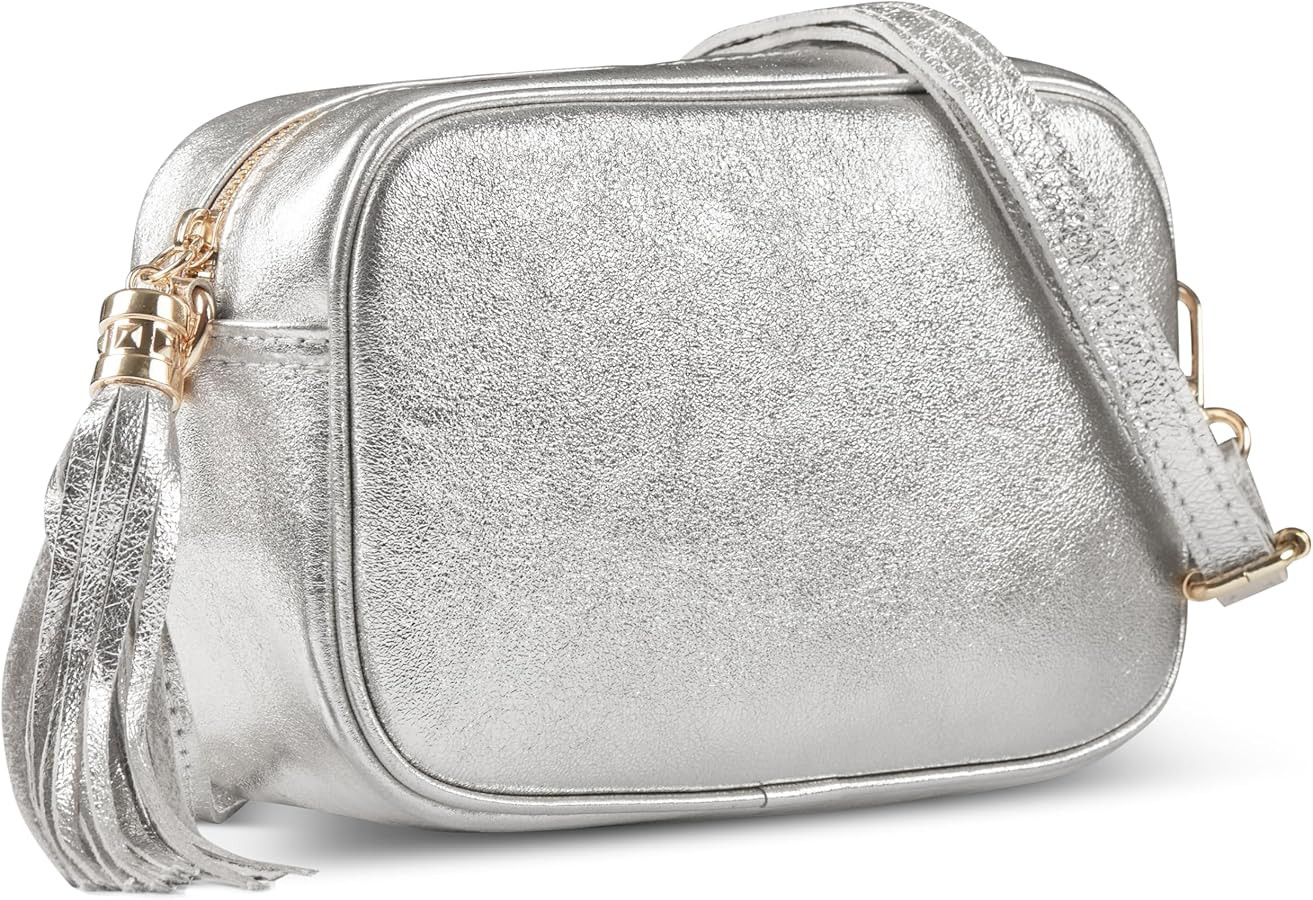 Italian Genuine Metallic Suede Crossbody Bag for Women with Zipper | Small Leather Camera Purse S... | Amazon (US)