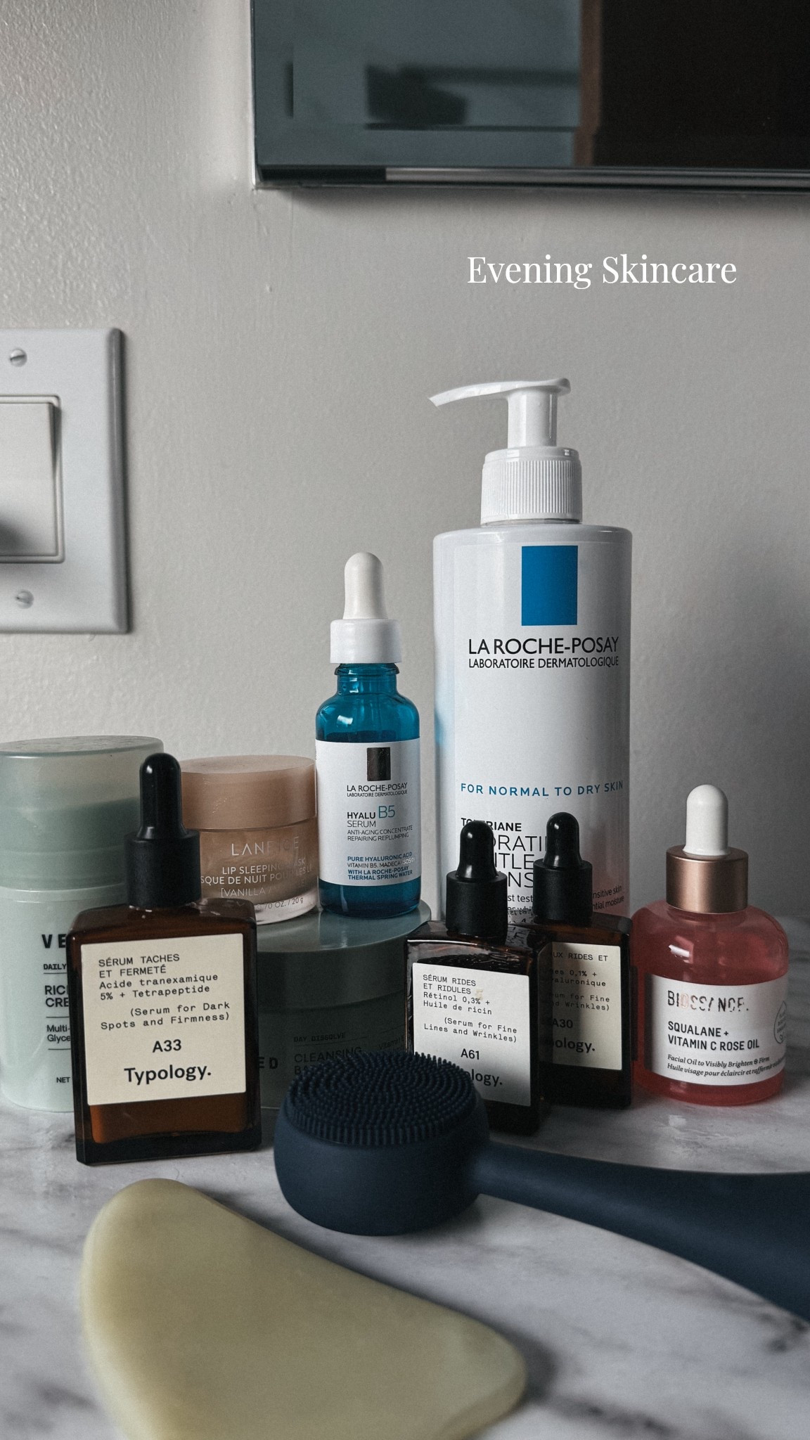 Evening Skincare 😴

Versed Cleansing Balm (I double cleanse on days I wear makeup)

La Roche Posay Cleanser (use with PMD Smart Facial Cleansing Device)

La Roche Posay Hyaluronic Acid 

Typology A30 Eye Serum for Fine Lines and Wrinkles

Typology A61 Serum for Fine Lines and Wrinkles (contains retinol, use every other day)

Typology A33 Serum for Dark Spots and Firmness (use every other day)

Versed Rich Barrier Cream 

Biossance Squalane + Vitamin C Rose Oil 

Gua Sha every other day 

#LTKselfcare #LTKOver40 #LTKBeauty