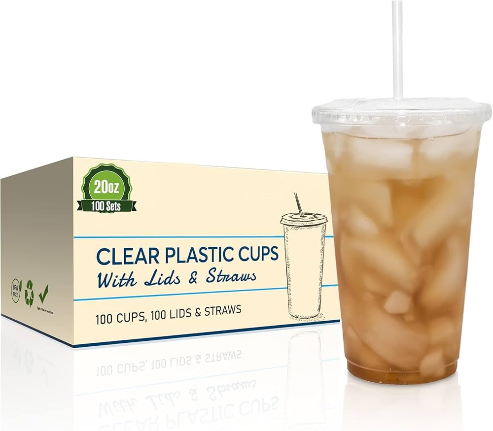SafeWare Clear Disposable Plastic Cups 20oz with Flat Lids and Straws, Togo Disposable Iced Coffe... | Amazon (US)