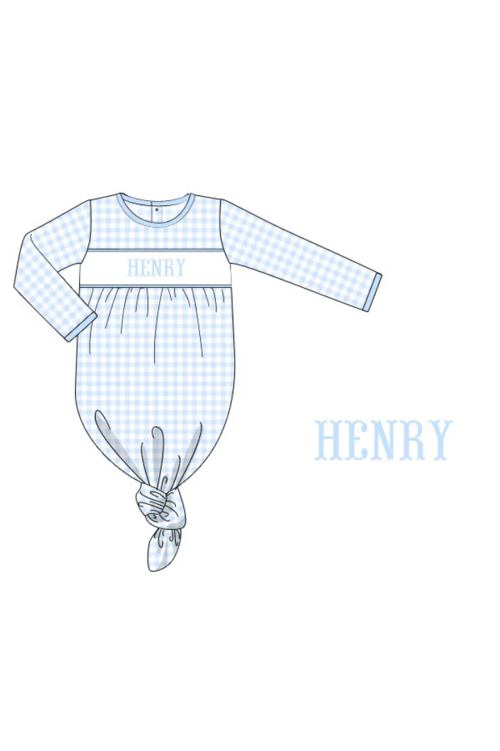 Pre-Order Smocked Blue Gingham Knotted Baby Gown | The Smocked Flamingo