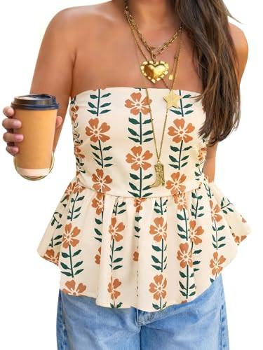 Tankaneo Womens Strapless Polka Dot Tube Tops Cute Backless Ruffle Hem Bandeau Top Slim Fit Y2k Tank Tops Khaki | Amazon (US)