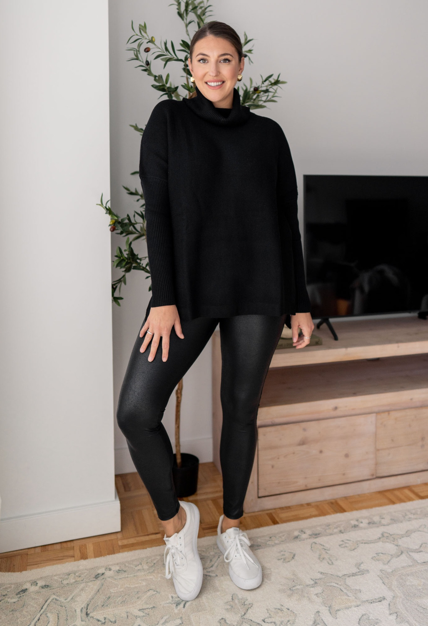 All black fall outfit wearing oversized black amazon tunic sweater and Walmart faux leather leggings (size down) 
 

size 10 fashion | size 10 | Tall girl outfit | tall girl fashion | midsize fashion size 10 | midsize | tall fashion | tall women 

#LTKBacktoSchool #LTKSeasonal #LTKFind