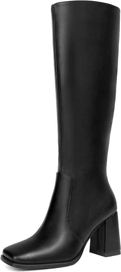 HEIFIN Knee High Boots for Women Leathe Tall Boots Square Toe Chunky Heel With Side Zipper | Amazon (US)
