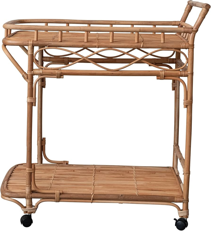 Creative Co-Op Hand-Woven Rattan 2-Tier Bar Cart on Wheels, Natural | Amazon (US)
