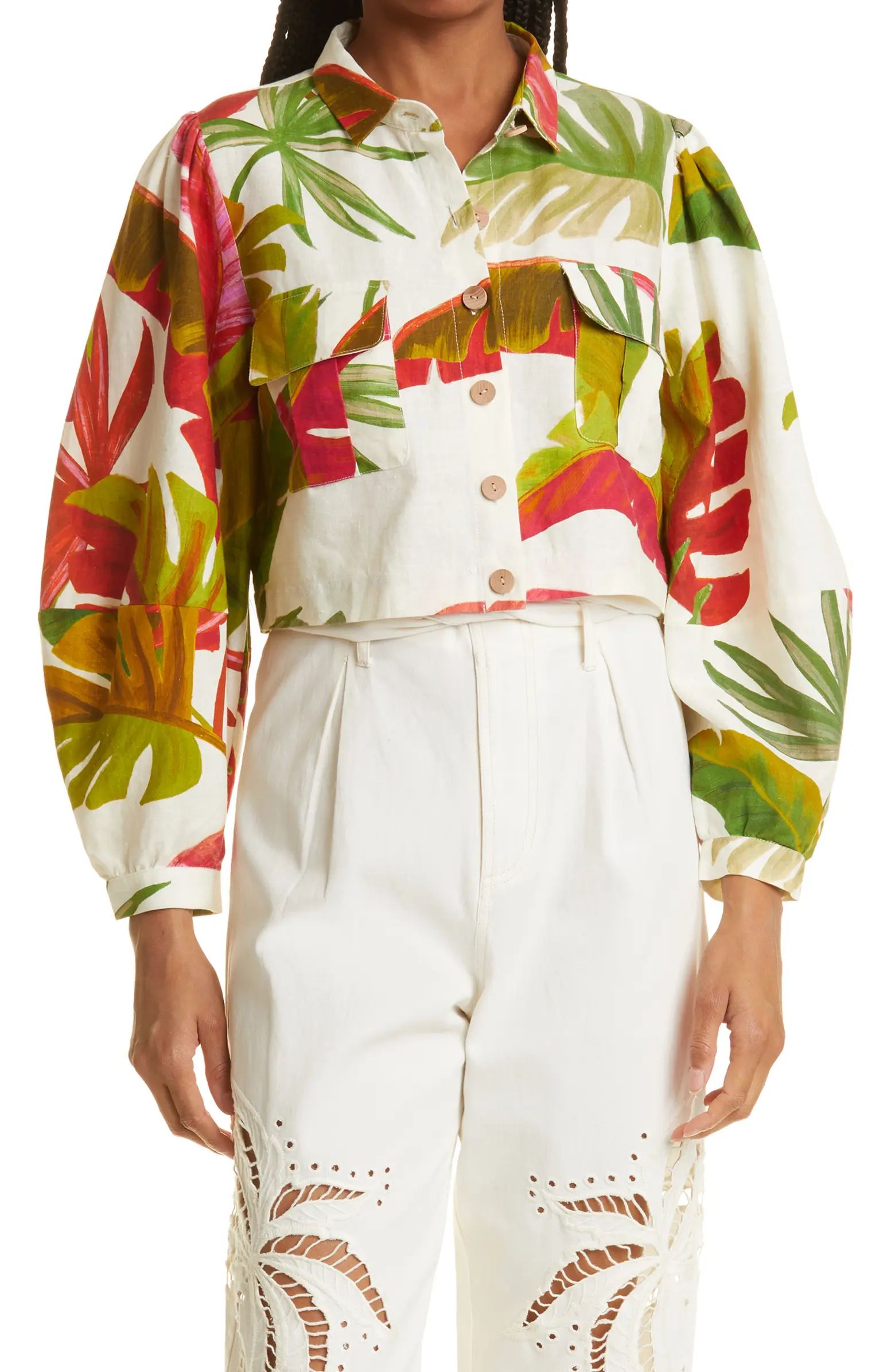 FARM Rio Spring Forest Linen Blend Crop Button-Up Shirt | Nordstrom | Nordstrom