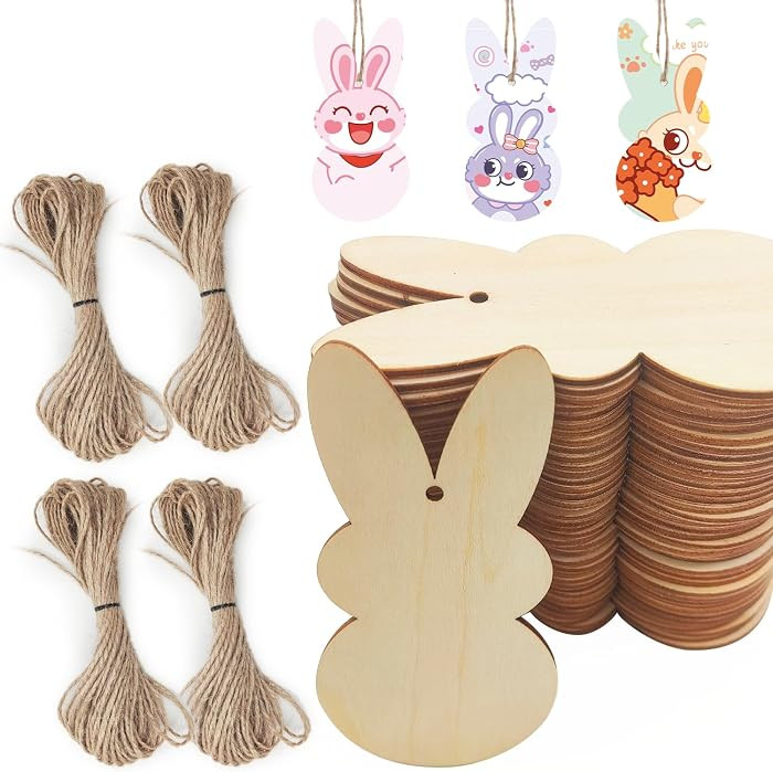 40 PCS Wood Rabbit Ornaments with Hemp Rope Unpainted Blank Wood Pieces Measuring 2 X 4 Inches Pe... | Amazon (US)
