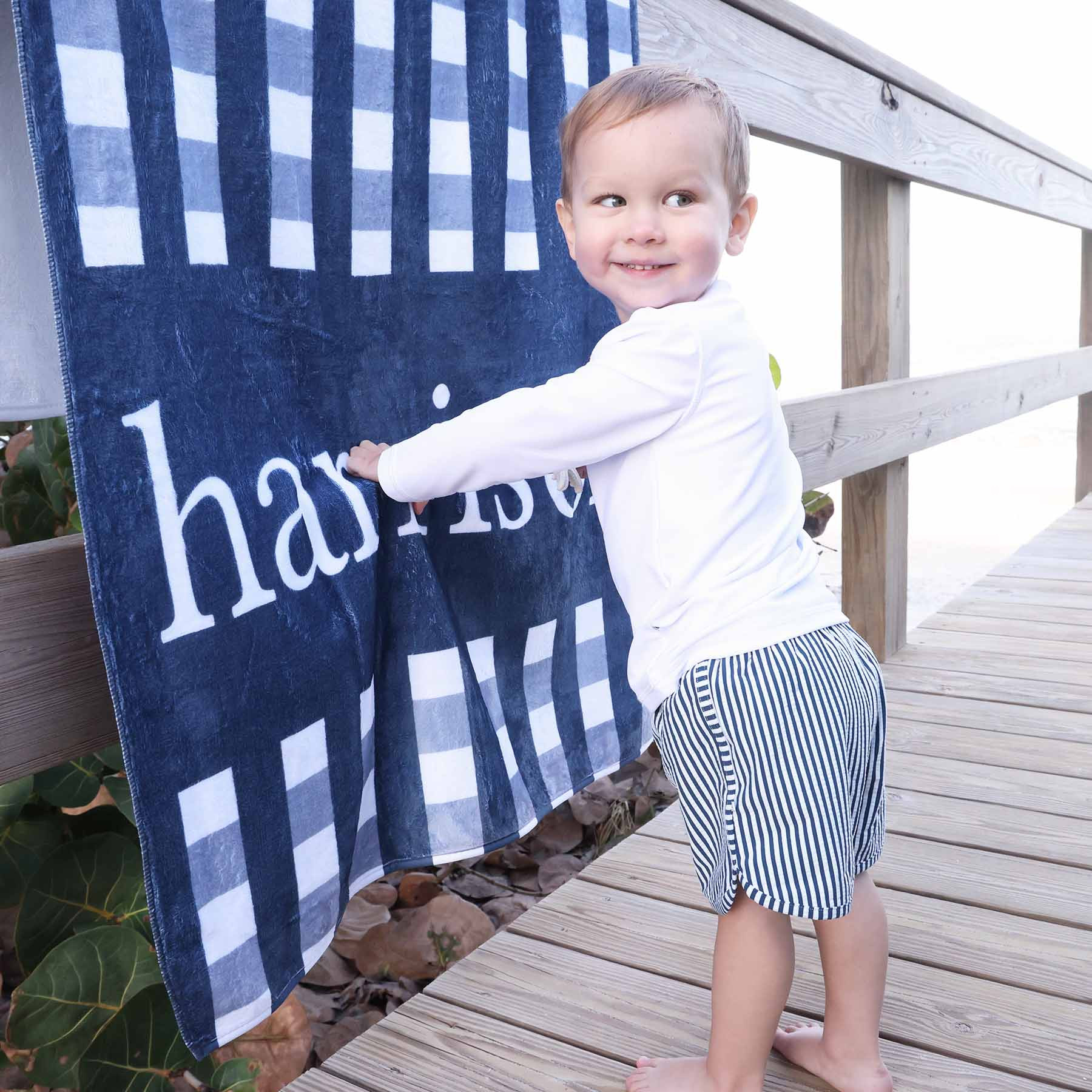 Navy Seersucker Personalized Kids Beach Towel | Caden Lane