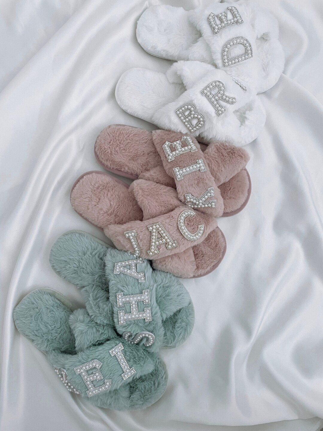 Personalised Slippers Diamonte Pearl Initials Fluffy Slippers Sage Green Dusty Pink White Bride B... | Etsy (US)