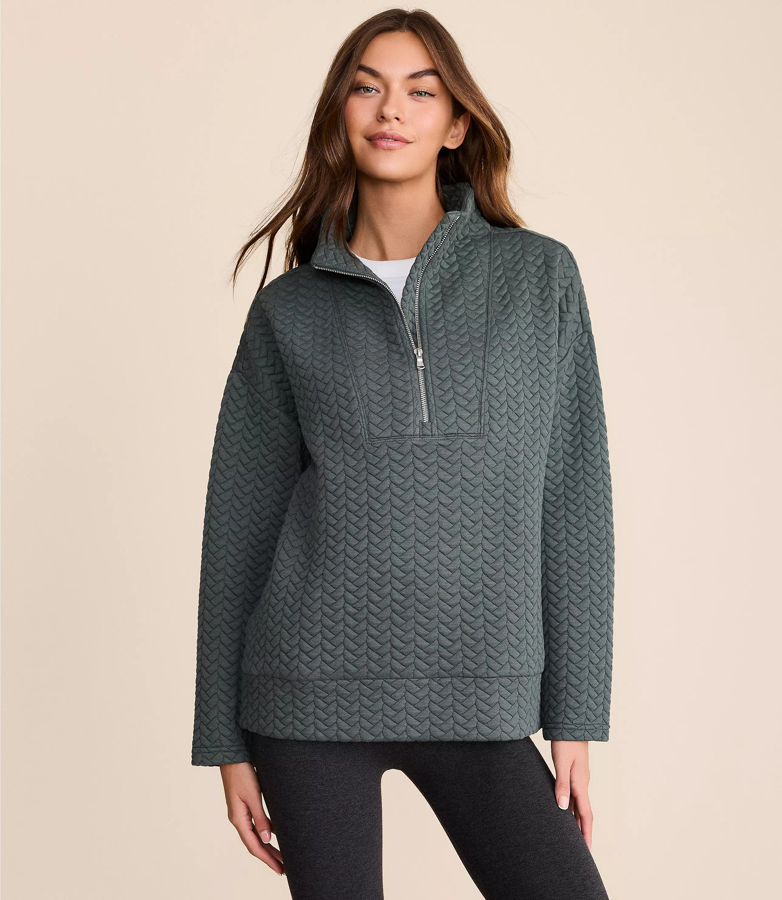 Lou & Grey Quilted Cable Jacquard Half Zip Top | LOFT