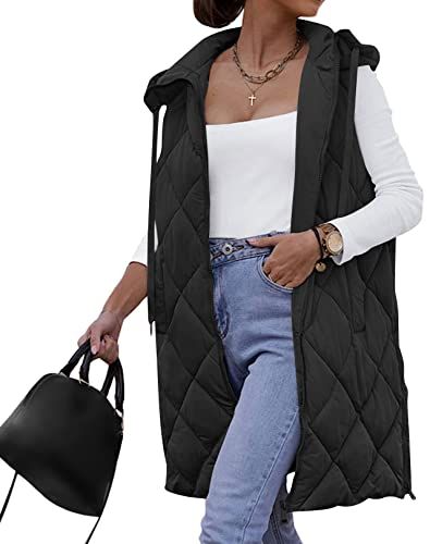 MEROKEETY Womens Sleeveless Quilted Long Puffer Vest Hooded Full Zip Jacket Coats with Pockets | Amazon (US)