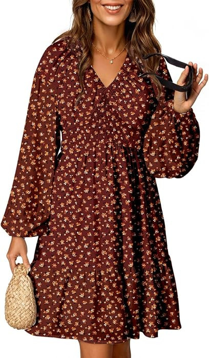 Dokotoo Womens Dresses Boho V Neck Smocked Elastic Waist Long Sleeve Dress | Amazon (US)