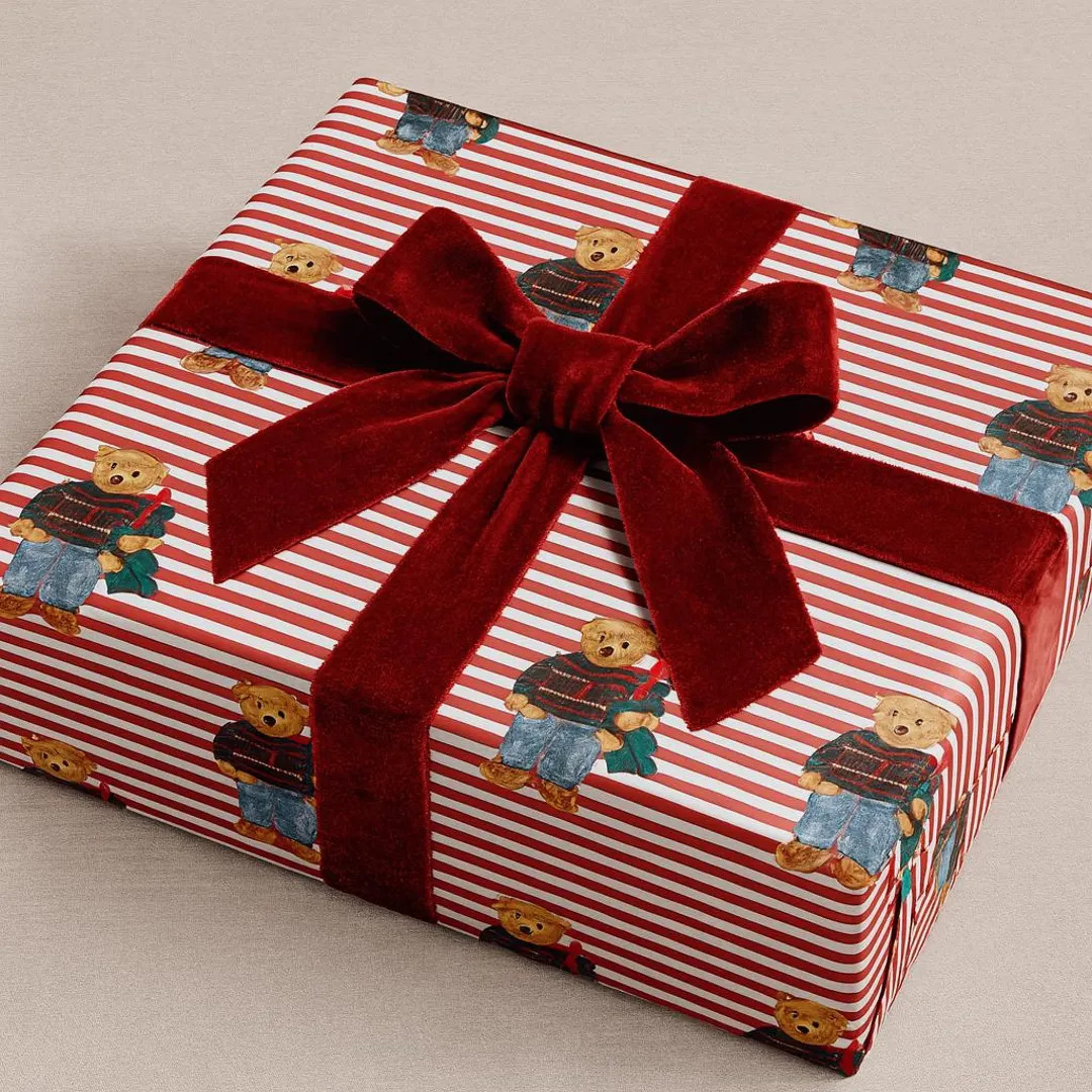 Christmas Teddy Pinstripe Gift Wrap | Holiday Wrapping Paper - Etsy | Etsy (US)