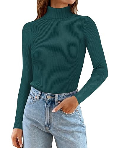 ZESICA Women's Turtleneck Long Sleeve Shirts Spring Basic Tops Slim Fitted Ribbed Knit Sweater,Teal,Small | Amazon (US)