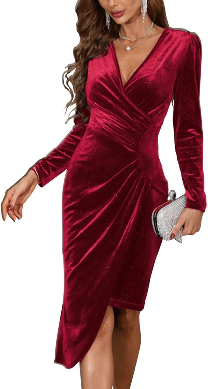 PRETTYGARDEN Women's Ruched Bodycon Velvet Dress Long Sleeve Wrap V Neck Side Asymmetrical Sexy P... | Amazon (US)