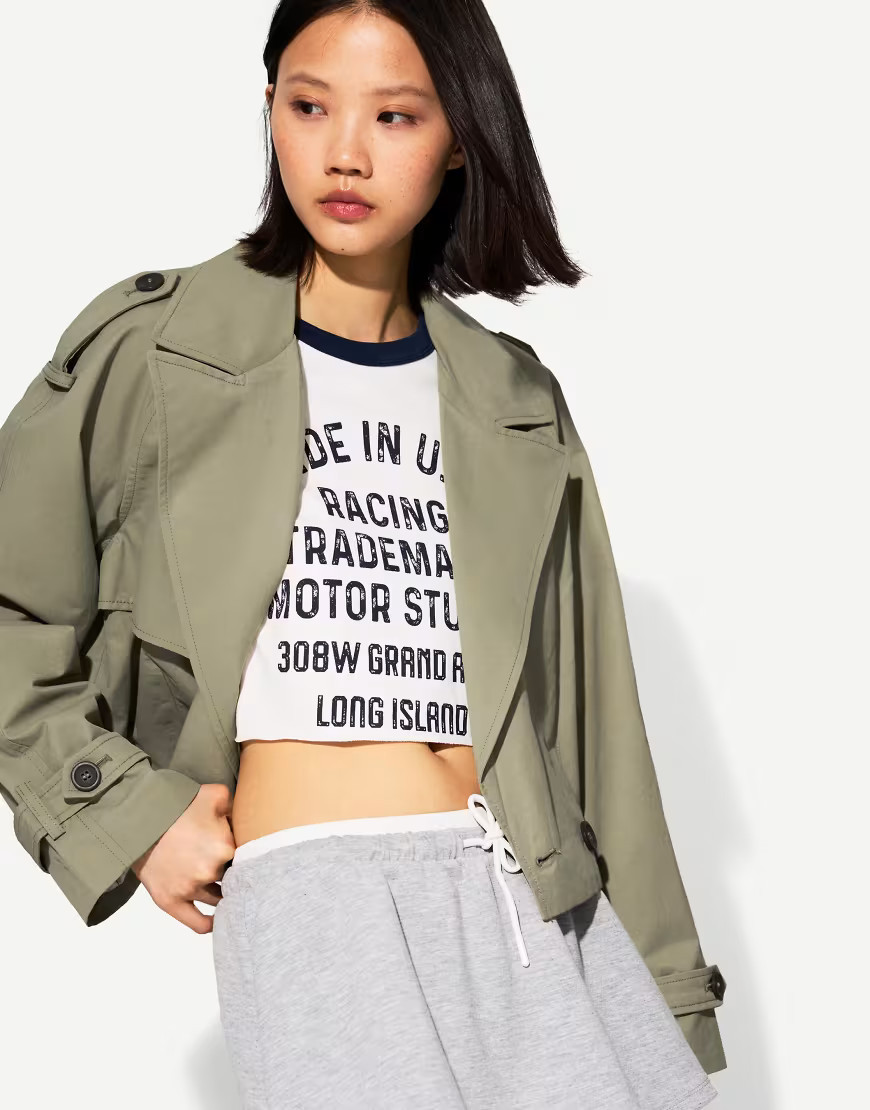 Bershka short trench jacket in khaki-Green | ASOS (Global)