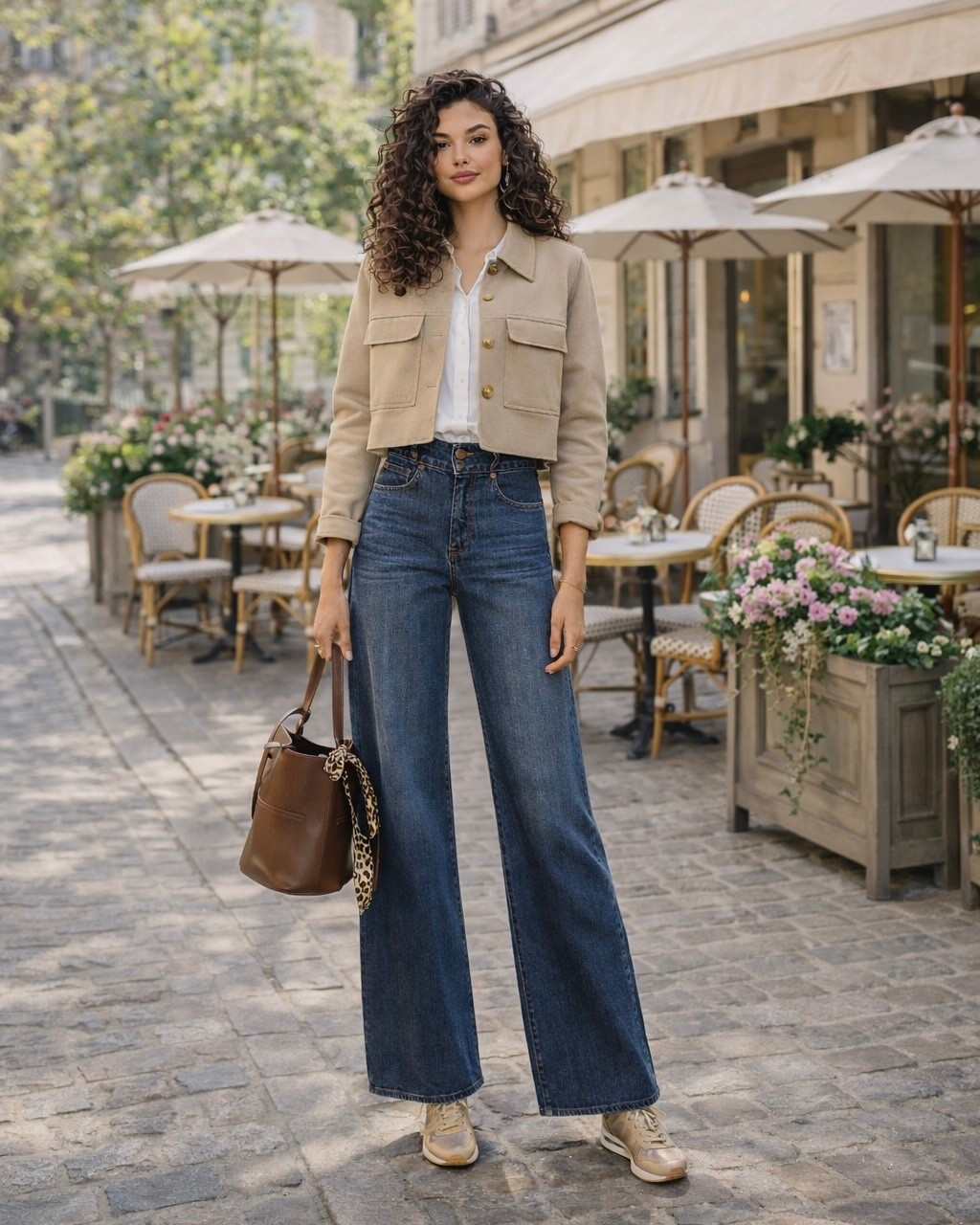 Effortless spring outfit built around a beige lightweight jacket with a structured fit, paired with a white button-down shirt for a clean, polished base. Styled with dark wash wide-leg jeans for a modern silhouette and beige sneakers with subtle gold details for a comfortable, elevated touch. Finished with a brown leather crossbody bag, gold floral earrings, and a neutral animal print scarf to add texture and interest.

#springoutfit #casualchic #effortlessstyle

#LTKOver40 #LTKootd #LTKSeasonal