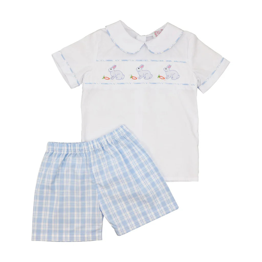 Blue Plaid Bunnies And Carrots Short Set | Cecil and Lou