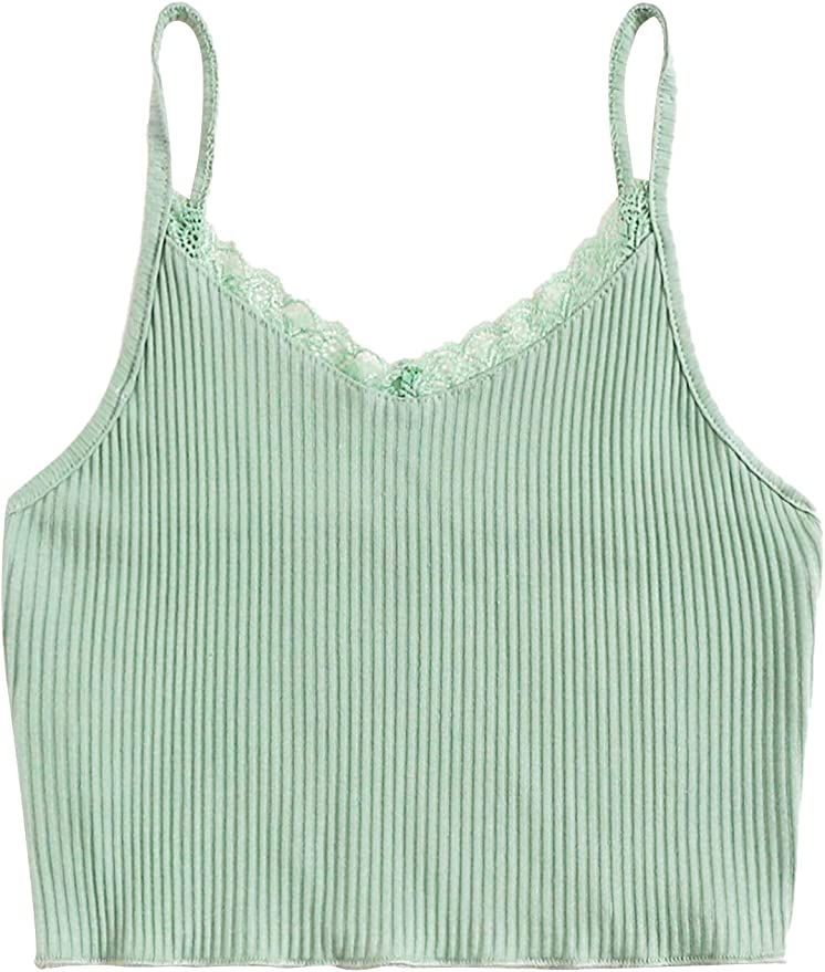 Verdusa Women's Contrast Lace Spaghetti Strap Ribbed Knit Cami Crop Tops | Amazon (US)