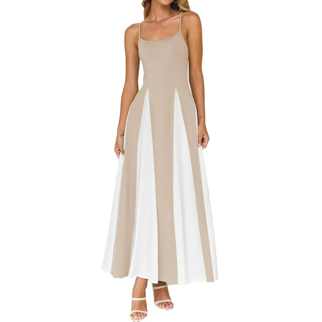 YOGAFOX Women Spaghetti Strap Cocktail Backless Flowy Maxi Dress Almond M | Walmart (US)