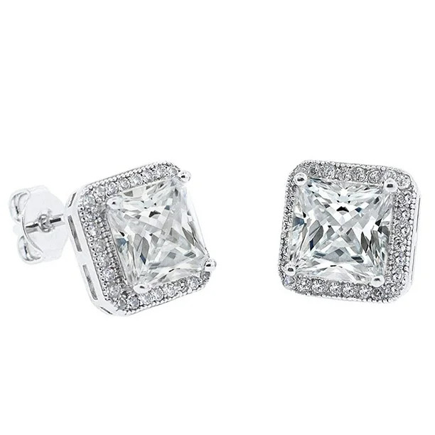 Norah 18k White Gold Princess Cut CZ Halo Stud Earrings, Sparkling Cluster Silver Stud Earring Se... | Walmart (US)