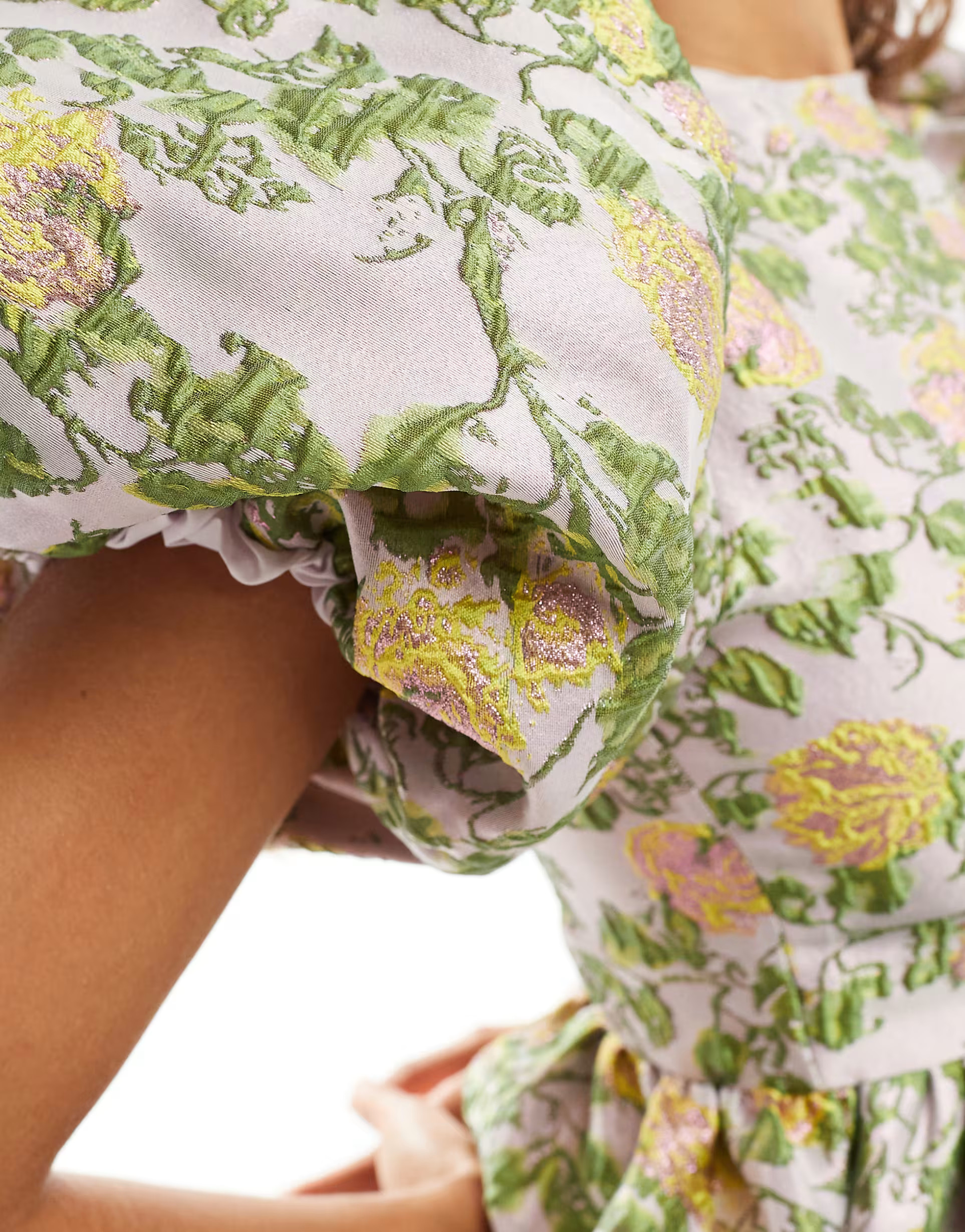 Sister Jane puff sleeve bubble jacquard mini dress in pewter floral | ASOS (Global)