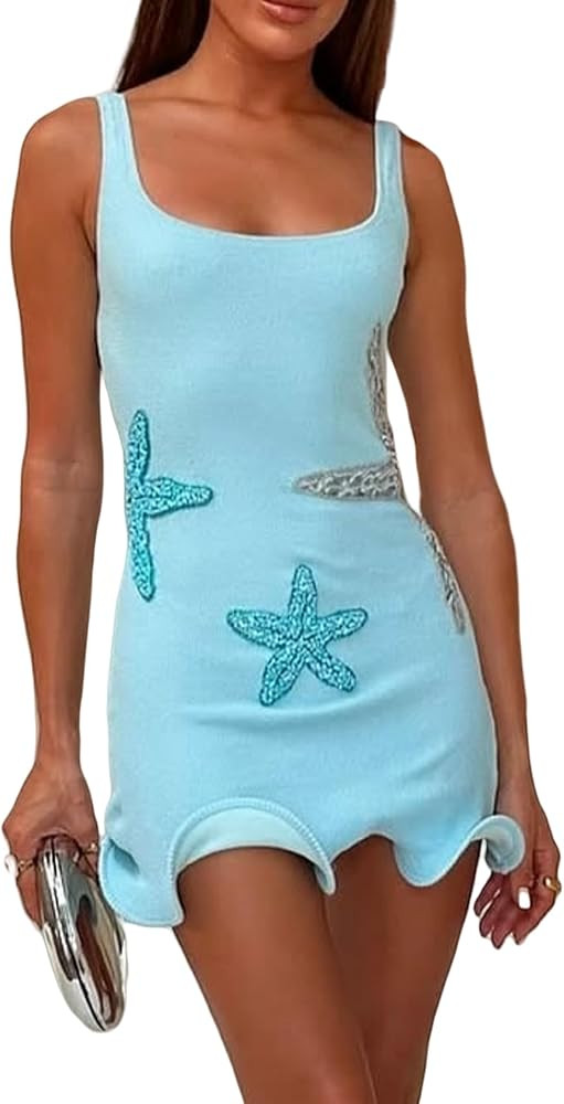 Aonoapll Women Starfish Sequin Mini Dress Square Neck Ruffle Hem Knitted Dress Sleeveless Bodydon... | Amazon (US)
