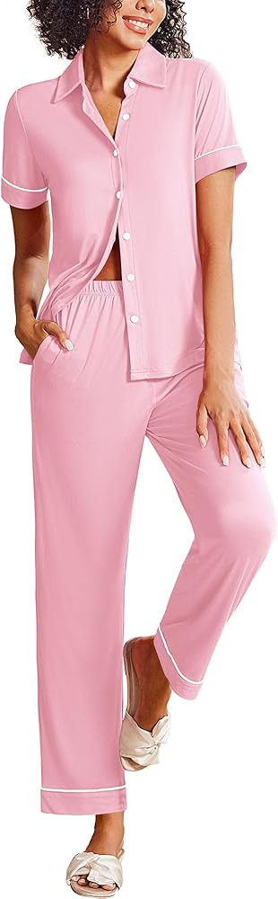 Ekouaer Womens Pajama Sets 2 Piece Button Down Short Sleeve Pjs Set Soft Lounge Set with Long Pan... | Amazon (US)