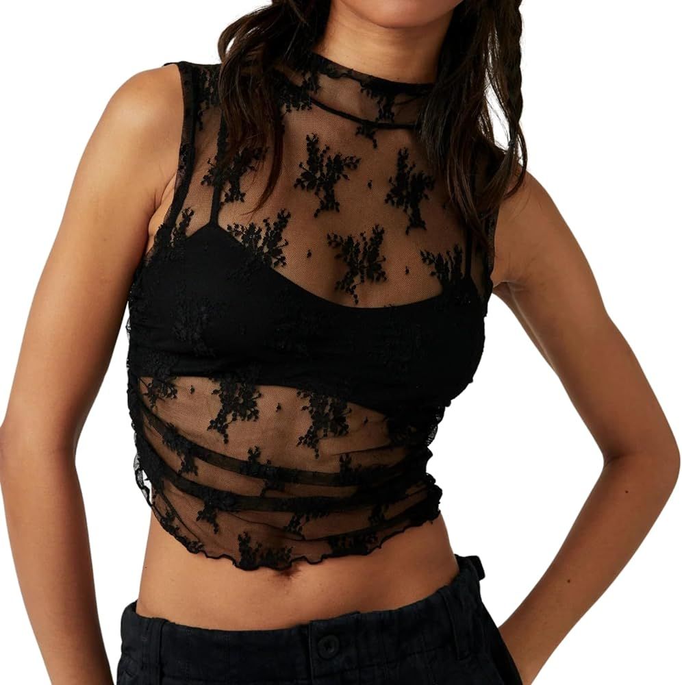 Women Sleeveless See Through Lace Mesh Crop Top Mock Neck Ruched Side Slim Fit Floral Sheer Cropp... | Amazon (US)