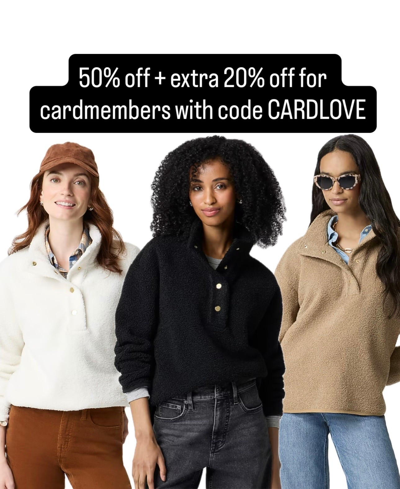 These sherpa pullovers are now 50% off + extra 20% off for cardmembers with code CARDLOVE. 

J.Crew Factory fall find

#LTKSeasonal #LTKSaleAlert #LTKFindsUnder100