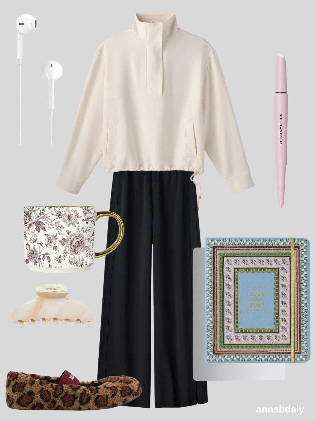 Loving these work-from-home looks 🤍 I wore this Rhone outfit the other day, and it’s SO good! Just swap the pants for jeans + ballet flats for a casual dinner out. A little splurge, but pieces I’ll wear for years. Also linking my IT Cosmetics lip favorite + the cutest leopard fleece flats I found for wearing around the house!

Use code DALY20 for 20% off your first Rhone purchase.🩵