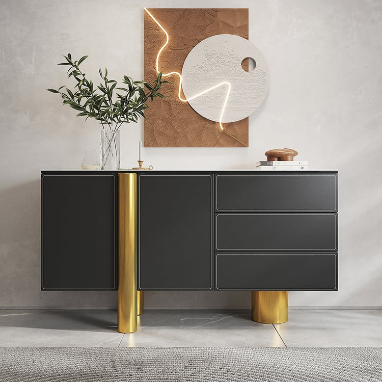 60" White Storage Sideboard Buffet Sintered Stone Top Black Faux Leather Cabinet | Homary