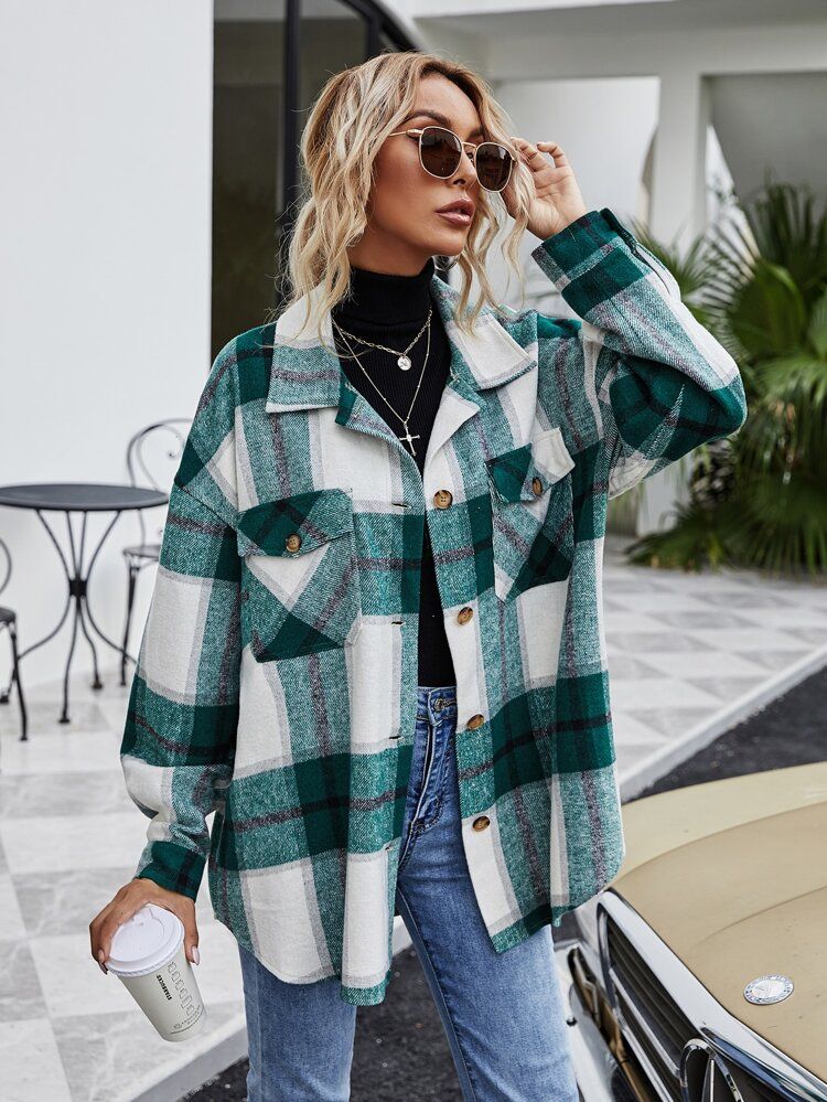 Plaid Button Front Oversized Overshirt | SHEIN