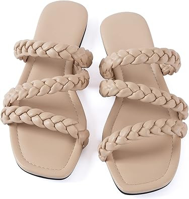 Mtzyoa Women's Sandals Casual Braided Dressy Summer Square Toe Quilted Flat Sandals | Amazon (US)