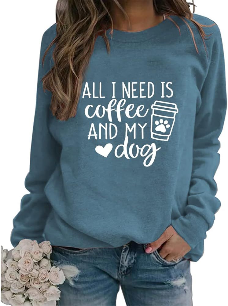 All I Need Is Coffee and My Dog Sweatshirt Womens Dog Paw Love Heart Graphic Sweatshirt Long Sleeve  | Amazon (US)