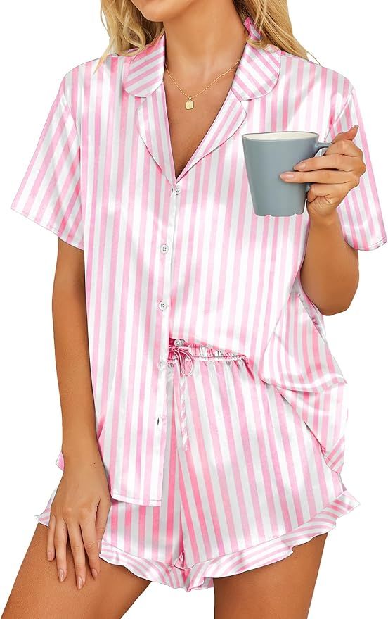 HOTOUCH Womens Satin Pajamas Set Button Down 2 Piece Silk Pjs Shorts Set Ruffle Lingerie Notch Co... | Amazon (US)