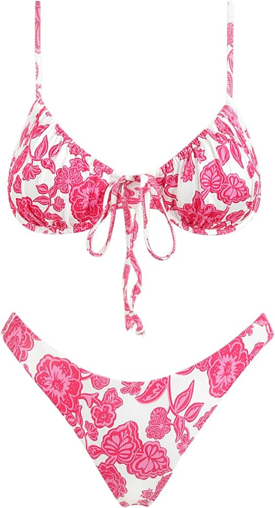 Women's Triangle Bikini Set Swimsuit Print Push Up Elastic Tie String Top Ribbed Two Piece Bathin... | Amazon (US)