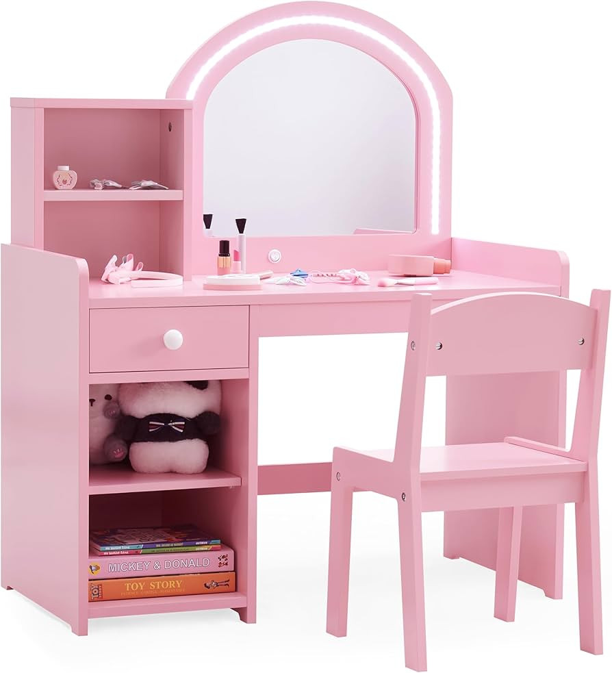 Kids Vanity with Lights, Princess Vanity Set with Drawer and Storage Shelves, 2 in 1 Toddler Make... | Amazon (US)