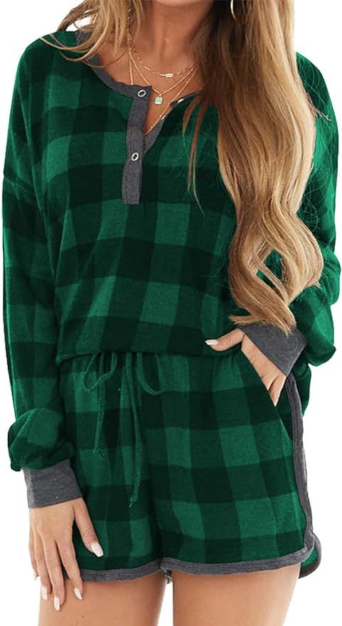 Artfish Women Christmas Pajama Set Long Sleeve Tops Shorts Soft Buffalo Plaid Loungewear Outfits | Amazon (US)