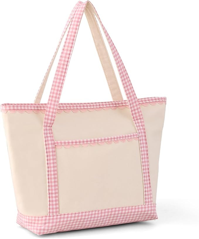Gingham Tote Bag for Women | Durable Canvas, Zipper Closure, Large Capacity, with Pocket, for Dai... | Amazon (US)