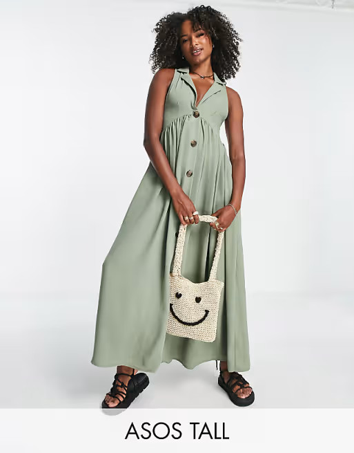 ASOS DESIGN Tall collared button through midi smock dress in khaki | ASOS (Global)