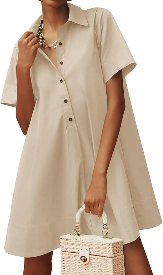 Wenrine Womens Button Down Shirt Dress Oversized Casual Short Sleeve Collared V Neck Summer Mini ... | Amazon (US)